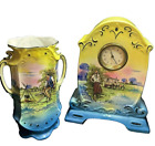 Antique Porcelain Painted Mantel Shelf Clock & Matching Vase Scenes of Gypsies