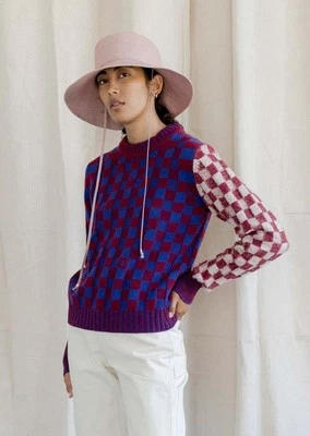 Suéter Pullover Ganni Gráfico Cuadros Talla Pequeña Azul Deslumbrante Lana Borgoña Foto 1 de 4