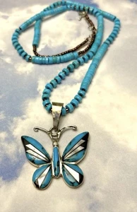 BIG Navajo signed Sterling Silver BUTTERFLY 925 Pendant Turquoise Necklace 24” - Picture 1 of 3