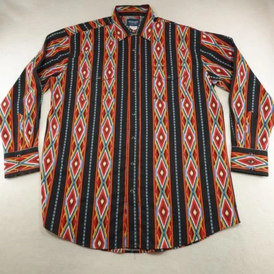 Wrangler Shirt Men XLT Black Red Brushpopper Aztec Pearl Snap Western Rodeo Flaw - Image 1 of 4