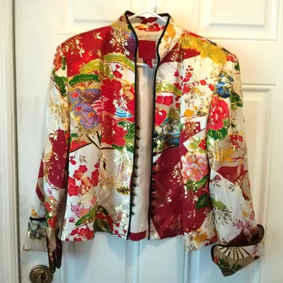 JS Collection Women’s 12 Silk Asian Style Jacket Floral Lined Metallic J880 - Image 1 of 4