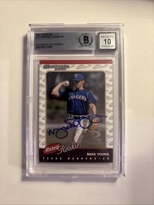 Michael Young Signed 2005 Donruss Rated Rookie /2001 Beckett Auto 10 Rangers FC - Image 1 of 2