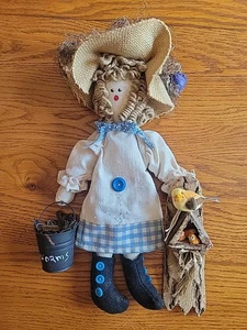 Handmade Folk Art Country Rag Doll Bird Lover Twine hair Burlap hat Nest SEE - Picture 1 of 18