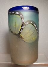 Blown Frosted Glass Hand painted vase/ candleholder Butterfly & Leaves 