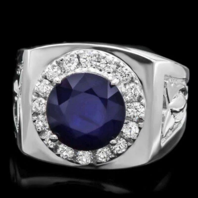 Elegante anillo para hombre de zafiro y diamantes blancos azul profundo de 2,00 quilates de corte excelente Foto 1 de 4