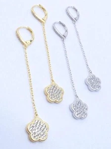 EXQUISITE 18kt Gold Plated Reversible 5 Petal Crystals Clover 2 3/4" L Earrings - Picture 1 of 14
