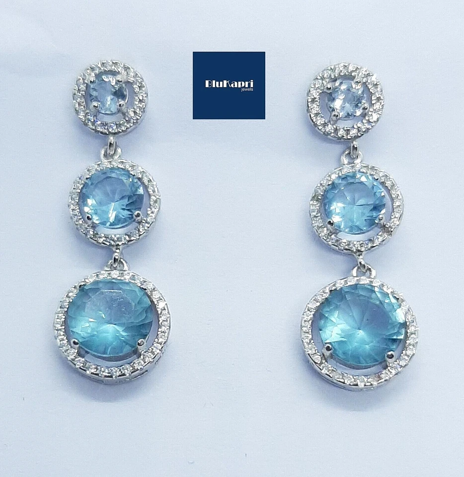 Orecchini lunghi pendenti Donna in Argento 925 con zirconi bianchi e acquamarina - Immagine 1 di 4