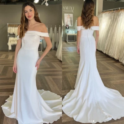 Mermaid Wedding Dresses Off Shoulder Satin Simple Beach Boho Spring Bridal Gowns - Image 1 of 4