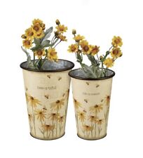 Set of 2 Bucket Set Flower Vase 'bee-u-tifle" "life is sweet" Galvanized Metal