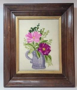 Vintage Crewel Embroidered Pink Flowers in Pitcher Floral Framed Art 13.5x11.5” - Picture 1 of 7