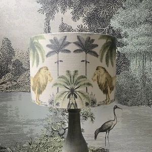 ‘Longleat’ lion, zebra & palm chartreuse 35cm drum lampshade floor/ table Lamp - Picture 1 of 3