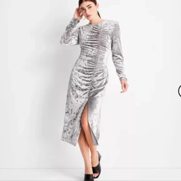 Future Collective Silver Velvet Ruched Open Back Dress Size XXS