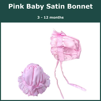 Baby Girls Pink Satin Bonnet 3-12M Frilly Ruffle Brim w/ Bow Polka Dots Trim - image 1 of 4