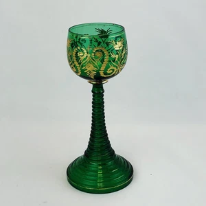 BOHEMIAN Glass MOSER Gold Etched Green Crystal Ribbed Stem Goblet