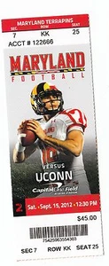 Talón de boleto Maryland Terrapins vs Uconn Huskies 2012 115/09/12 - Imagen 1 de 1