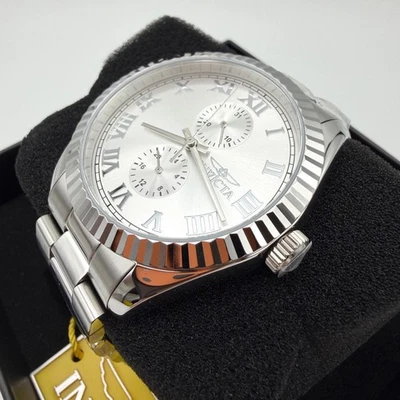 NUEVO Reloj Hombre INVICTA Fecha Romana Platino Plata Acanalado Oyster Acero Inoxidable Foto 1 de 4