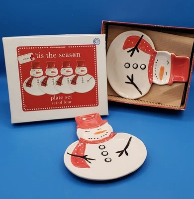 Boston Warehouse Navidad Vacaciones 4 piezas Muñeco de nieve 8" Platos de aperitivo con caja Foto 1 de 4