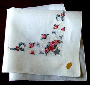 Antique Ladies Handkerchief rosse & needle lace design linen H rolled hem 12x13" - Picture 1 of 5
