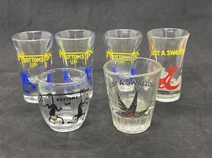 6 Vintage Shot Glasses Bottoms Up Monkeys & Just A Swallow Bird VG Cond - Picture 1 of 7