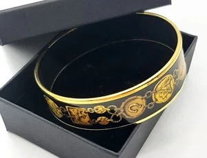 HERMES Bangle Bracelet Gold Plated Black & Yellow Enamel Horse Print Size 65 - Picture 1 of 10