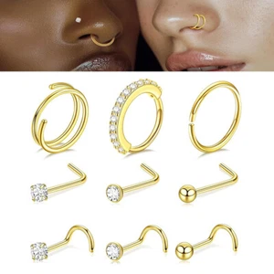 9 Stück Chirurgenstahl Nasenstecker CZ Zirkon Nasenring Piercing Schmuck Gold 20G - Bild 1 von 9