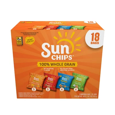 SunChips 100% Whole Grain Snacks, 4 Flavor Variety Pack, 1 oz, 18 Count..