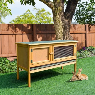PawHut Wooden Rabbit Hutch Bunny Cage Outdoor Small Animal House w/ Hinged Top - Image 1 of 4