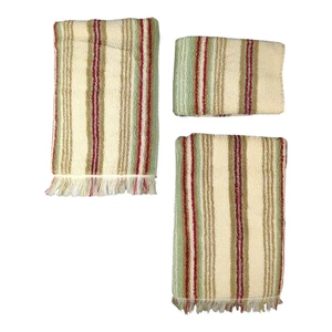 Vintage Ralph Lauren 2 Handtücher & Waschlappen | Rot Grün Elfenbein Streifen 90er EUC - Bild 1 von 11