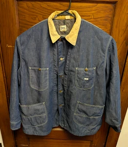 Vintage 70s Lee Chore Coat Blanket-Lined Barn Denim Jacket Cord Collar 2XL - Picture 1 of 12