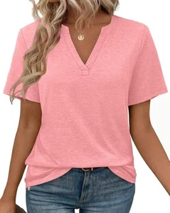Womens Tops Summer Short Sleeve V Neck Blouses Business Casual Pink Large CC1 - Picture 1 of 2