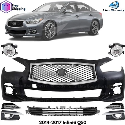 Front Bumper Cover Primed Plastic & Fog Lights Kit For 2014-2017 Infiniti Q50 Foto 1 de 4