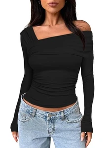 Womens Long Sleeves Y2K Shirts Asymmetrical Basic Fitted Blouse One Shoulder ... - Picture 1 of 3
