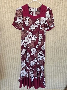 Hawaii Damen Muu Muu Maxi Burgunderrot Und Weiß Hibiskus Blumendruck 100%... - Bild 1 von 12