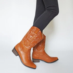 SheSole Womens Mid Calf Boots Winter Fall Wide Calf Flat Low Heel Cowgirl Boots - Picture 1 of 20