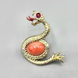 Vintage Coiled Snake Lucite Belly Red Cab AB Rhinestone Gold Tone Figural Brooch - Picture 1 of 12