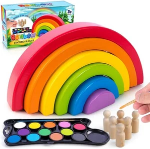 Wooden Rainbow Stacking Blocks Set Nesting Puzzle Pieces DIY Dolls Paints Brush - Picture 1 of 9