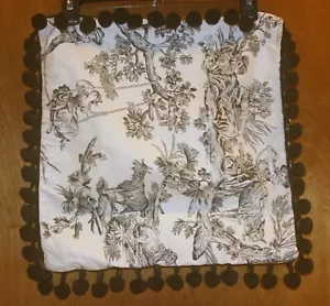 Country Curtains Black Toile Pillow Cover w/ pom pom trim 15" sq Made In USA - Picture 1 of 7