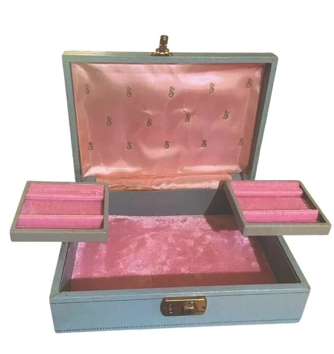 Joyero Vintage Azul Aqua Forro Terciopelo Rosa Joyero Retro  Foto 1 de 4
