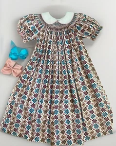 Sz 7-9 Girls Kelly's Kids Dress & 2 Bows Bishop Smocked Floral Peter Pan Collar - Picture 1 of 10
