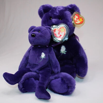 罕见 1997/98 戴安娜王妃 Ty 原装 Beanie Baby & Buddy 紫色熊 复古 — 第 1/4 张图片