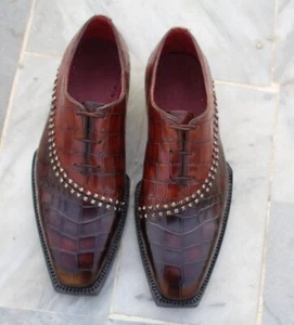 Genuine Handmade Leather Shoes Men's Unique Crocodile Pattern Shoes Oxford Shoe - Picture 1 of 5