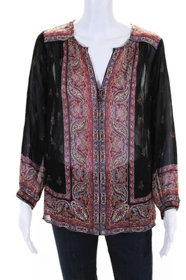 Joie Womens Silk Long Sleeve Paisley Print V Neck Tunic Blouse Black Red Size XS - Image 1 of 4