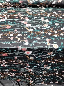 Multicolor Embroidery Green Floral Lace Fabric 50” W 1 Yard Black MESH For Dress - Picture 1 of 13