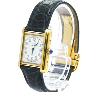 CARTIER Tank Vermeil Gold Plated Leather Quartz Men's Watch W1013854 Box Square - Picture 1 of 9