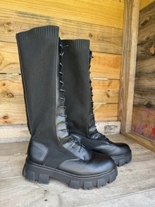 Damen Kniehohe Stiefel Damen Grobe Sohle Strick Socke Schnürstiefel Größe 8 - Bild 1 von 16