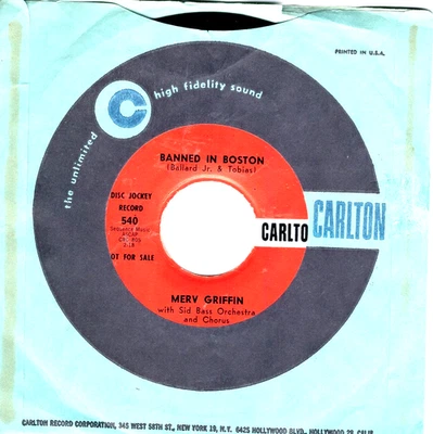 Merv Griffin:    Banned in Boston / The World We Love In "DJ COPY" 45 RPM 9128 - Image 1 of 3