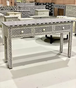 Bone Inlay Console Table 3 Drawer - Black Geometric - Picture 1 of 18