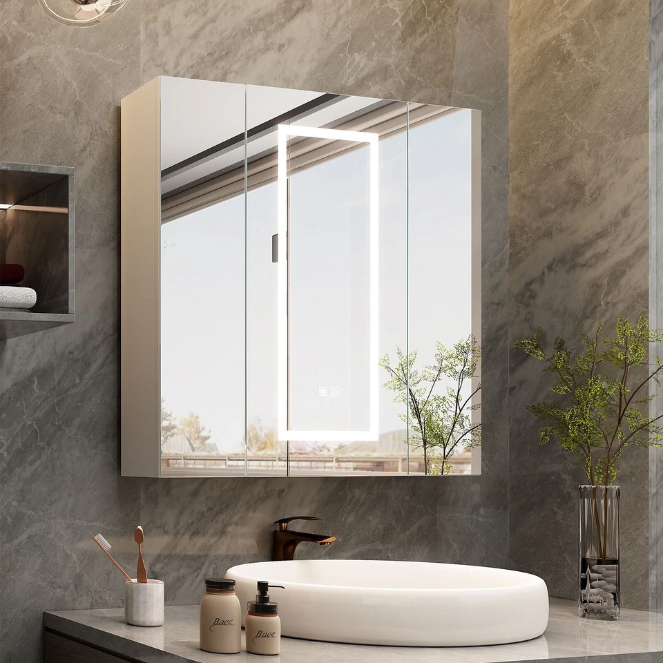 MEPPLZIAN LED Mirror Cabinet Wall-Mounted Bathroom 3 Mirrored Door High Gloss White