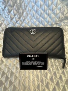 CHANEL Shepron studs V-stitch round zipper Lambskin black long wallet Rare - Picture 1 of 11