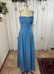 Vtg 40s Blue Taffeta Lingerie Bodice Long Evening Gown Spaghetti Strap Ruching 4 - Picture 1 of 11